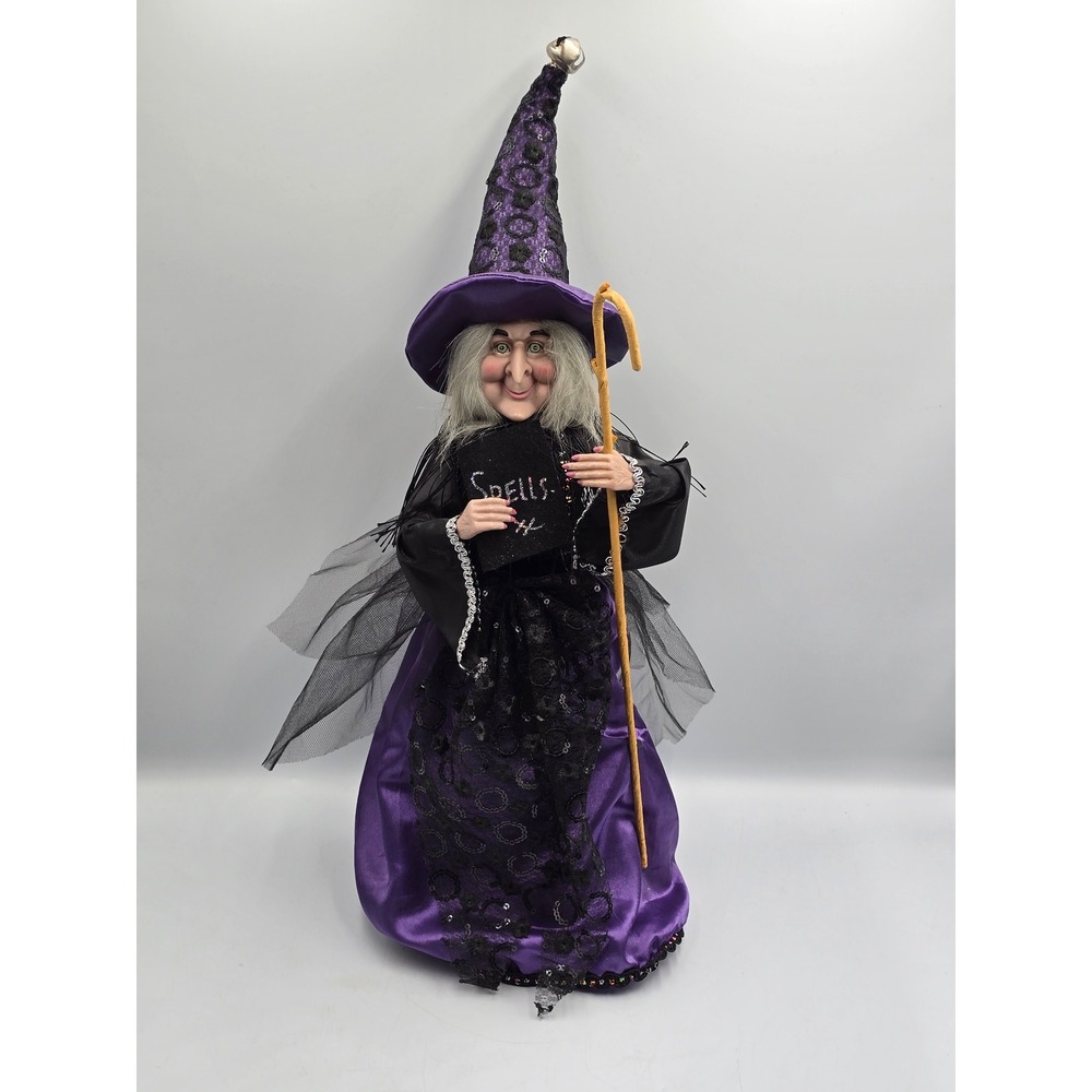 19" Purple Black Witch Doll Holding Spell Book & Staff Halloween Decor lace